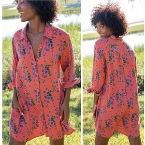 Natural Life Dress Size Medium Coral Floral Georgia Print Gauze Shirt Dress